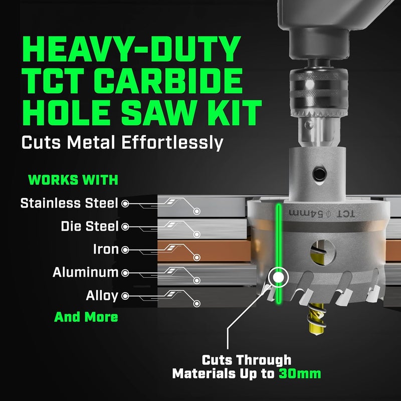 Staten tools Tungsten Carbide Hole Saw Kit 22 Pcs – Carbide Hole Saw Set 9/16" to 2-1/8" for Metal, Stainless Steel, Wood – Includes 2 Drill Bits, Deburring Tool, 4 Blades, 3 Allen Wrenches – Industrial & DIY Use - Image 4